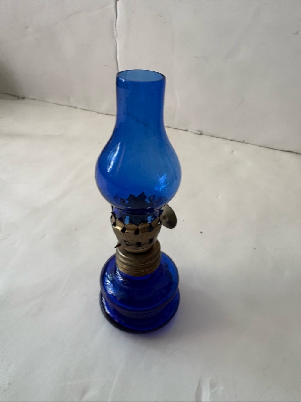 Vintage Mini Blue Glass Hurricane Lamp 3.75 in. Made In Hong Kong